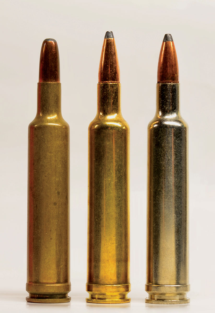 The 257 Weatherby, old and new. The 117-grain roundnose (left) was an original Weatherby loading, owing its origins to loads for the 257 Roberts. It has since been discontinued. The 100-grain Hornady (center) was the bullet with which the 257 Weatherby made its reputation. Modern loadings, like the Federal cartridge (right), use heavier bullets – in this case, the 115-grain Nosler Partition.